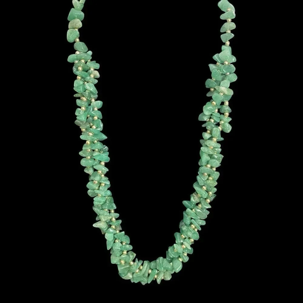 Artisan Necklack Green Aventurine Multi Strand Polished Chips Goldtone Beads